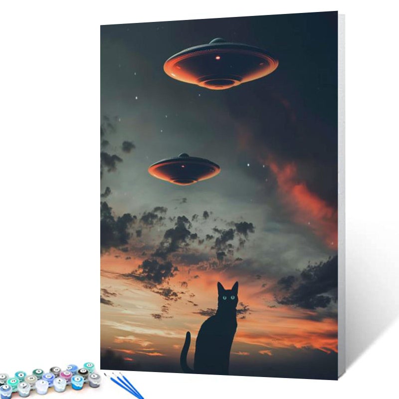 Tucocoo UFO Paint by Bumbers for Adults Beginner Black Cat DIY Paint by Numbers Acrylic Paint Canvas Sunset Moon Bedroom Decor Fantasy Scene Dark Clouds Painting Kits Art 16x20 Inch ï¼ˆWithout Frame ï¼‰ - Image 2