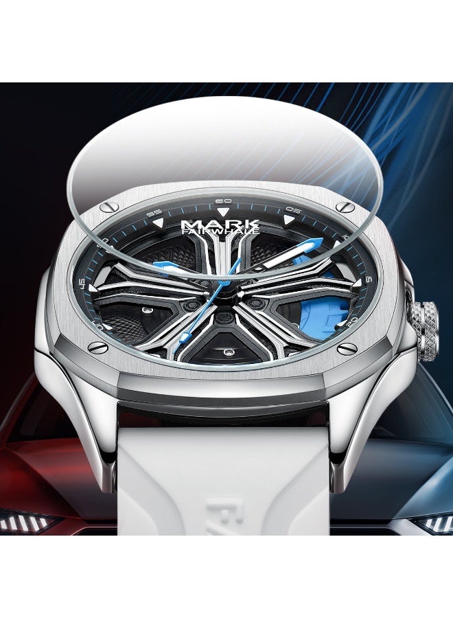 Mark Fairwhale Water-Resistant Luminous Quartz Men's Watch - White Silicone Strap, Silver Stainless Steel Case, Blue Hands - Image 2