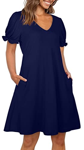 Aloodor Women's Dresses Elegant Short Sleeve V Neck Wedding Guest Dress Navy L - Image 2