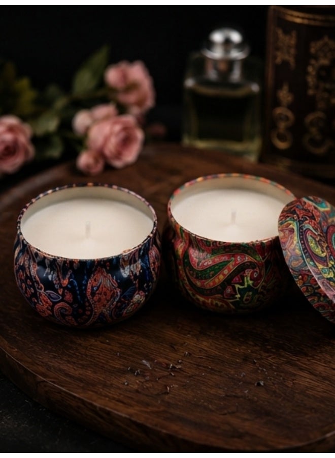 مجموعة 2 شمعة عطرية فاخرة من شمع الصويا الطبيعي بعلب معدنية مزخرفة مع أغطية – احتراق طويل – شموع معطرة للمنزل والديكور والاسترخاء – هدية مثالية للمناسبات - Image 1