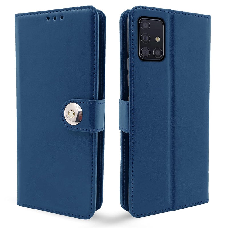 Pikkme Samsung Galaxy A51 Flip Cover| PU Leather Finish | 360 Protection | Wallet & Stand | Strong Magnetic Flip Case for Samsung Galaxy A51 (Blue Button) - Image 1