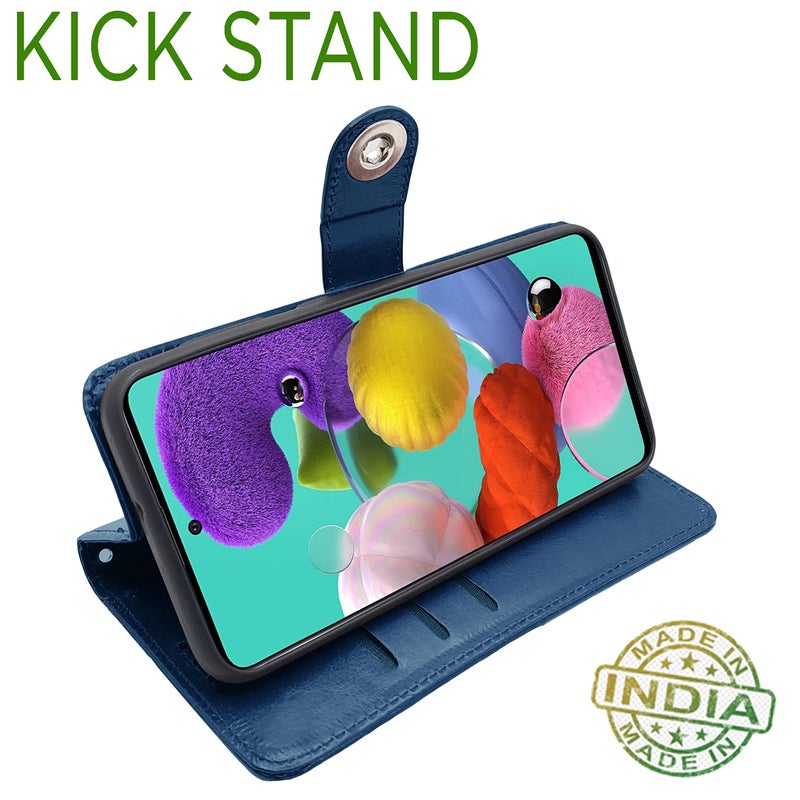 Pikkme Samsung Galaxy A51 Flip Cover| PU Leather Finish | 360 Protection | Wallet & Stand | Strong Magnetic Flip Case for Samsung Galaxy A51 (Blue Button) - Image 5