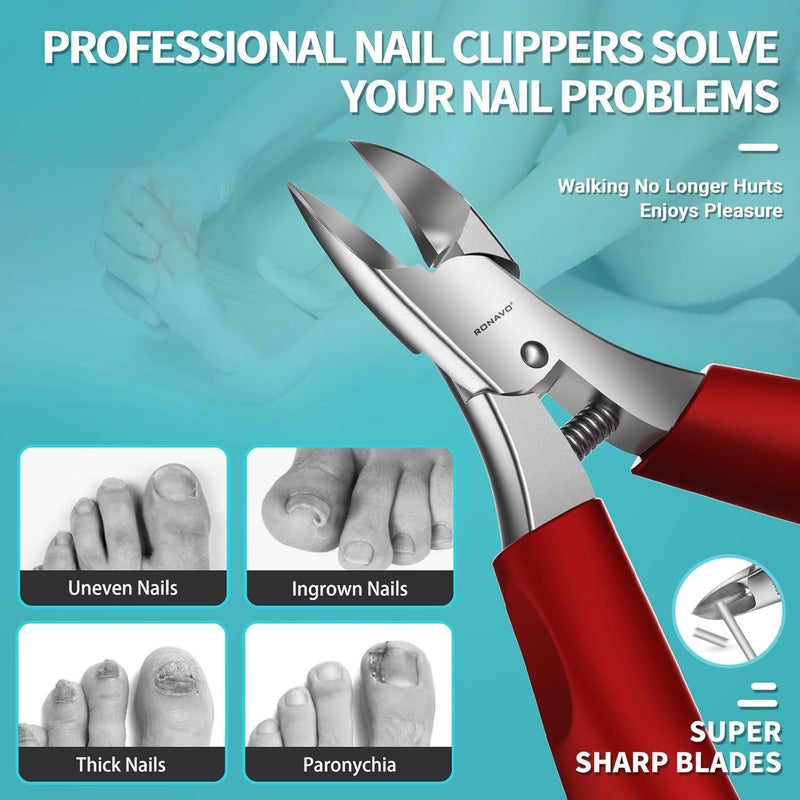 RONAVO Nail Clipper Set - Ingrown Toenail Treatment & Toenail Clippers for Ingrown Nails,Heavy Duty Professional Toe Nail Clippers for Men/Women, Large Toenail Scissors,Long Handle Safety Strong RONAVO(Red)… - Image 3