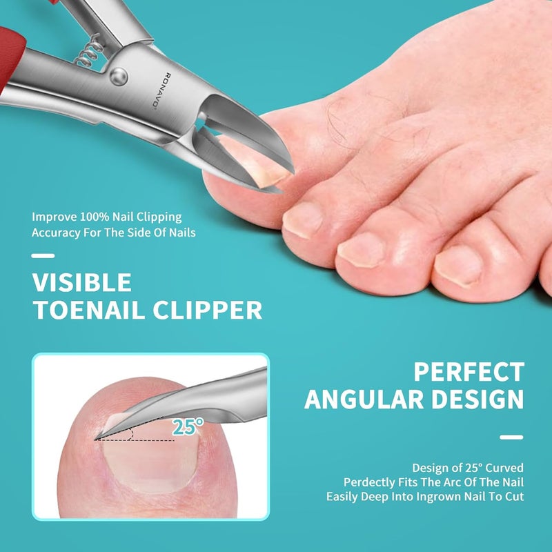 RONAVO Nail Clipper Set - Ingrown Toenail Treatment & Toenail Clippers for Ingrown Nails,Heavy Duty Professional Toe Nail Clippers for Men/Women, Large Toenail Scissors,Long Handle Safety Strong RONAVO(Red)… - Image 4