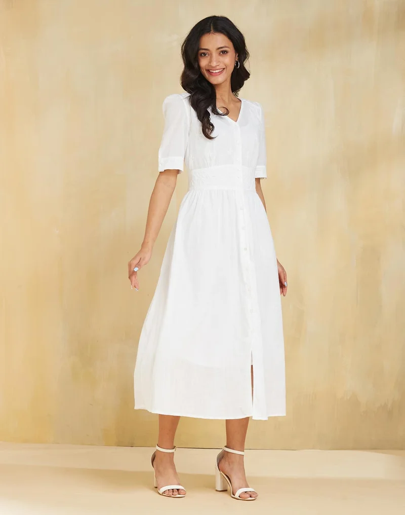 Fabindia White Button-Down Dress