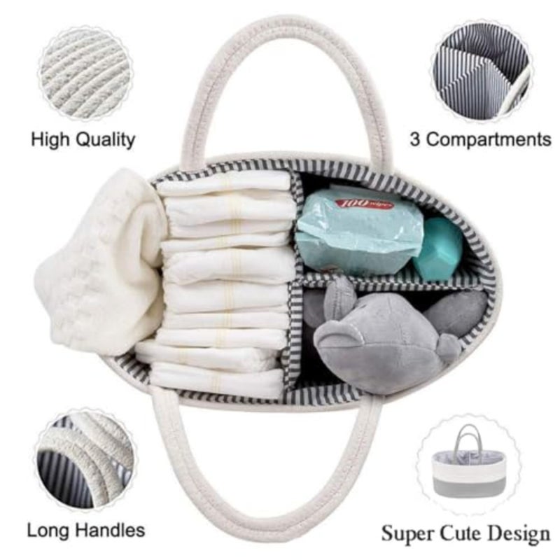 Baby Nappy Caddy, Nappy Organiser, Nursery Bohemian cotton rope storage basket, Portable Car Organizer with Removable Inserts Gray - Image 3