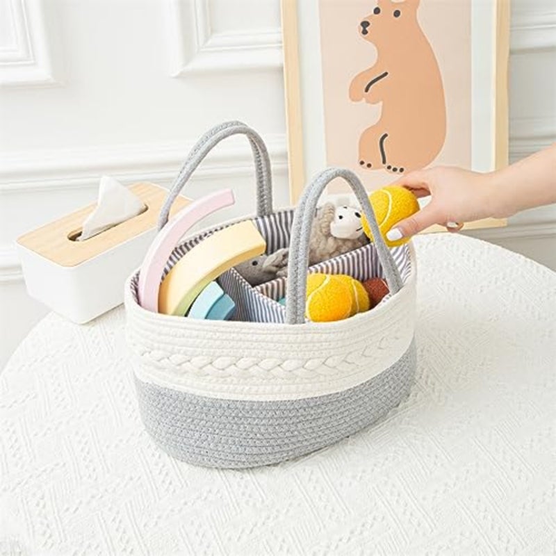 Baby Nappy Caddy, Nappy Organiser, Nursery Bohemian cotton rope storage basket, Portable Car Organizer with Removable Inserts Gray - Image 4