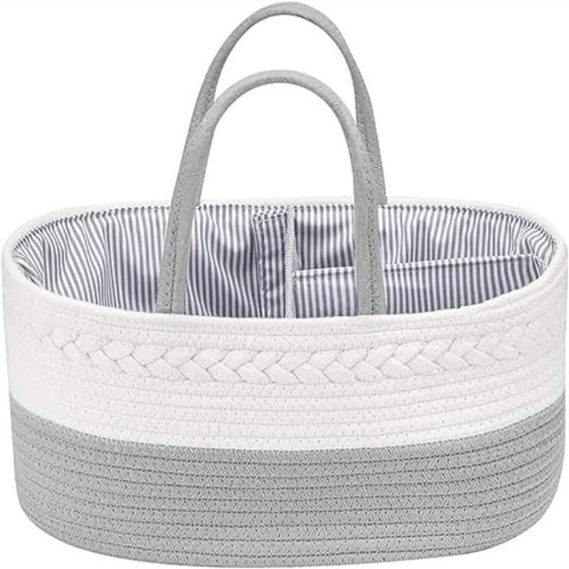 Baby Nappy Caddy, Nappy Organiser, Nursery Bohemian cotton rope storage basket, Portable Car Organizer with Removable Inserts Gray - Image 1