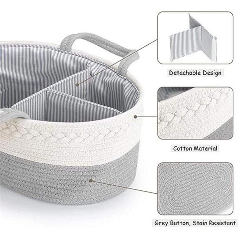 Baby Nappy Caddy, Nappy Organiser, Nursery Bohemian cotton rope storage basket, Portable Car Organizer with Removable Inserts Gray - Image 2