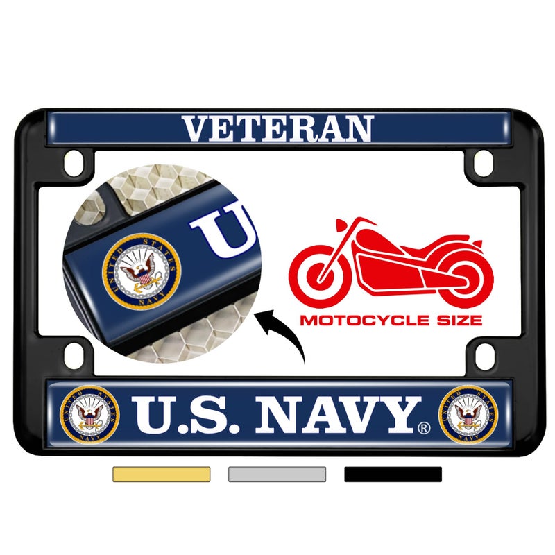 Officially Licensed Product  Motorcycle Metal License Plate Frame with US Navy Veteran Eagle and Anchor Logo Design  Black