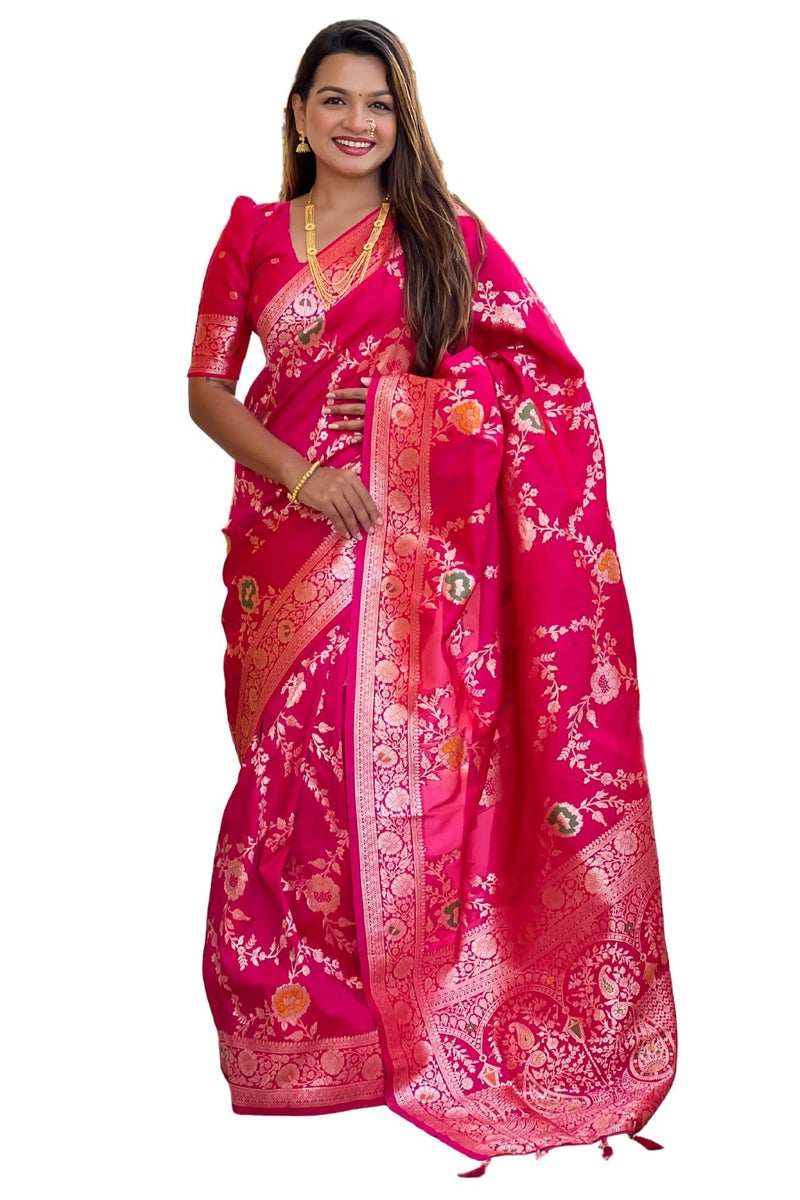 SGF11 Women's Kanjivaram Pure Soft Silk Saree With Unstitched Blouse Piece (Rose Pink) - Image 1
