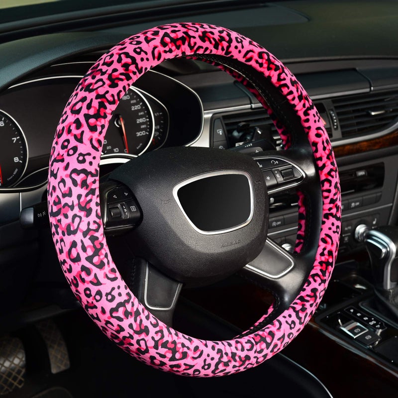KAFEEK Leopard Plush Steering Wheel Cover for Woman Girl Universal 15 inch Pink