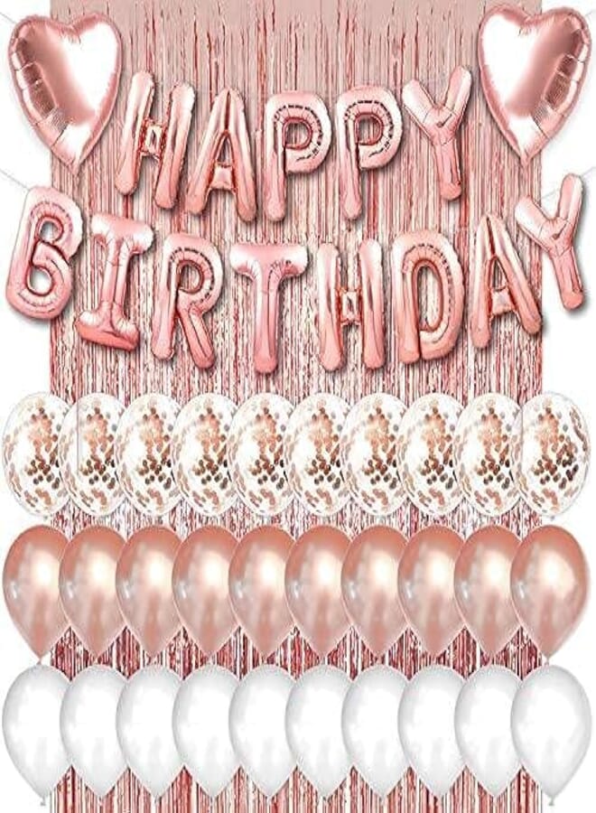 Secret Rose Gold Happy Birthday Balloons Banner 16inch Tall Set for Her Birthday Party Decorations and Supplies Kit for Women and Girls with Confetti Balloons and Foil Fringe Curtain