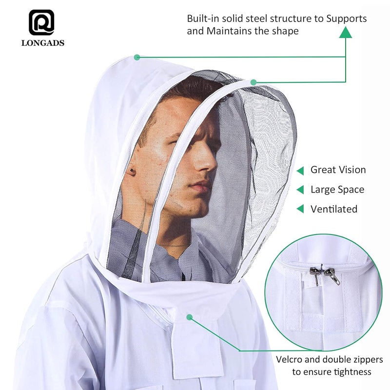 LONGADS Professional Beekeeping Suit with Ventilated Hood - Multi-Size Bee Outfit for Men, Women & Bee Keeper Catcher - Image 3