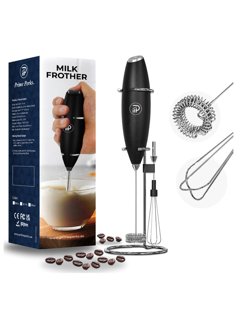 Prime Perks - Prime Perks® | Double Whisk Milk Frother with Stand, Coffee Mixer, Handheld Foam Maker with Stainless Electric Whisk For Coffee, Cappuccino, Latte, Frappe, Matcha, Hot Chocolate - Image 1