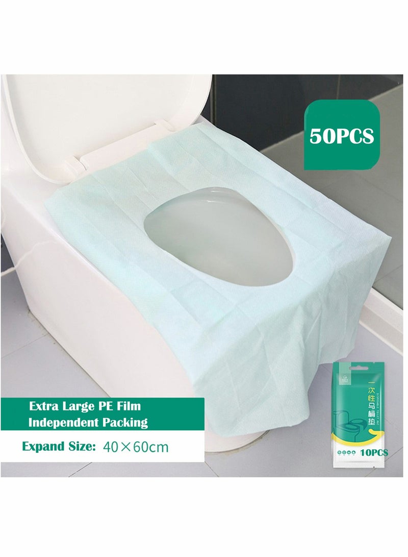 Excefore 50 Pieces Disposable Toilet Seat Covers for Travel Accessories,  Extra Large PE Film Travel Toilet Mats Covers, Independent Packing, Antibacterial Waterproof Portable WC Pad Toilet Mat  - Image 5