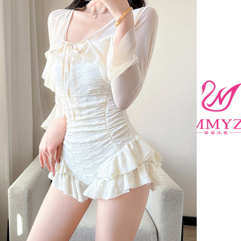 [Moonlight Love] French Hot Spring Swimsuit Women''s Blouse Long Sleeve Lace Sexy Belly Covering Fairy Style Conservative Swimsuit - Image 3