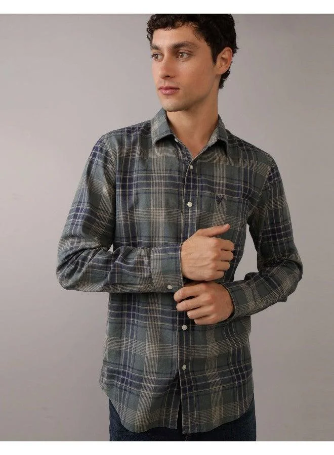 American Eagle AE Slim Fit Everyday Plaid Linen-Blend Button-Up Shirt