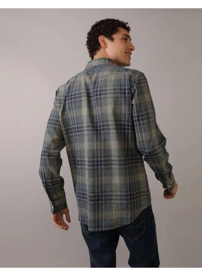 American Eagle AE Slim Fit Everyday Plaid Linen-Blend Button-Up Shirt