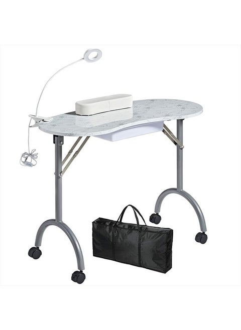 Portable Folding Nails Table,Moveable Nail Salon Technician Desk for home manicure、spa salon、professional nail painting，with Large PP plastic drawer、LED-Light、Wrist rest、Carry Bag,White