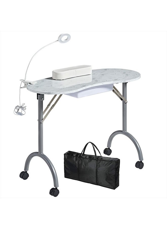 CHAOEEMY - Portable Folding Nails Table,Moveable Nail Salon Technician Desk for home manicure、spa salon、professional nail painting，with Large PP plastic drawer、LED-Light、Wrist rest、Carry Bag,White - Image 1
