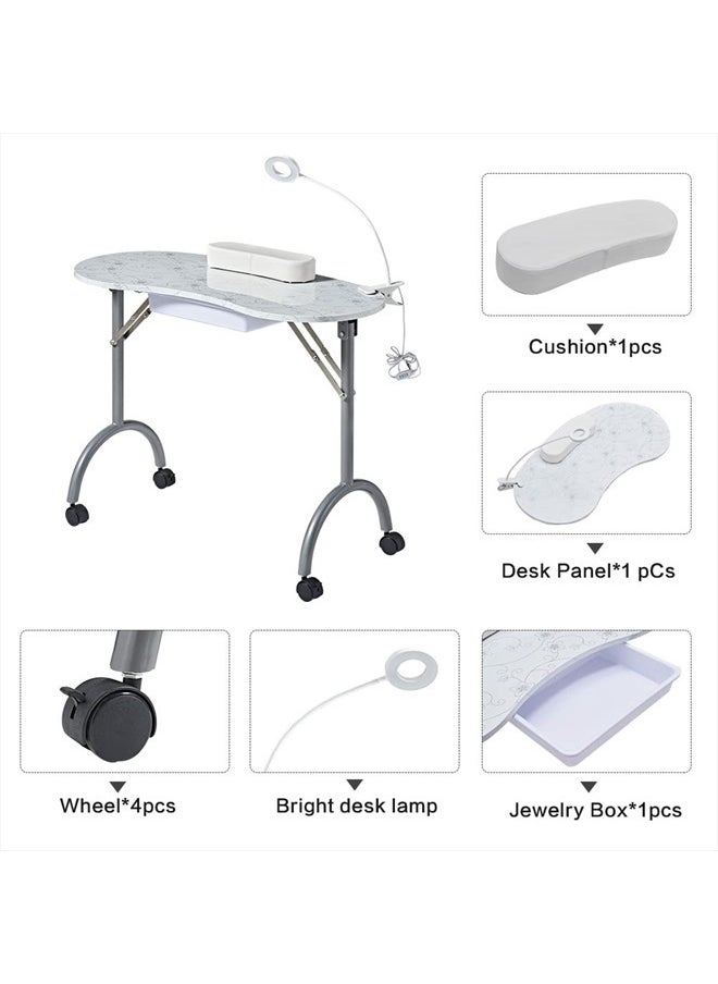 CHAOEEMY - Portable Folding Nails Table,Moveable Nail Salon Technician Desk for home manicure、spa salon、professional nail painting，with Large PP plastic drawer、LED-Light、Wrist rest、Carry Bag,White - Image 1