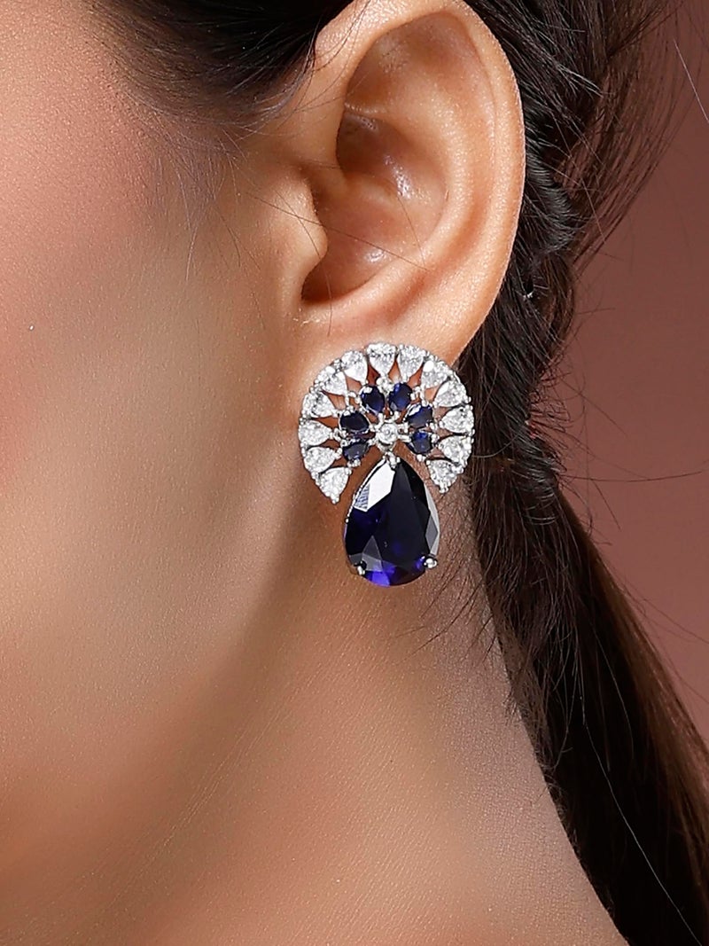 Karatcart Elegant Floral Design Blue American Diamond Stud Earrings for Women - Image 2