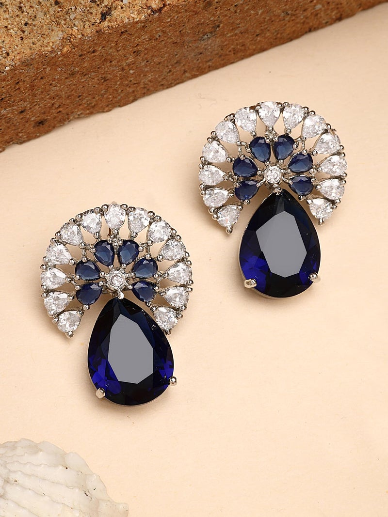 Karatcart Elegant Floral Design Blue American Diamond Stud Earrings for Women - Image 4