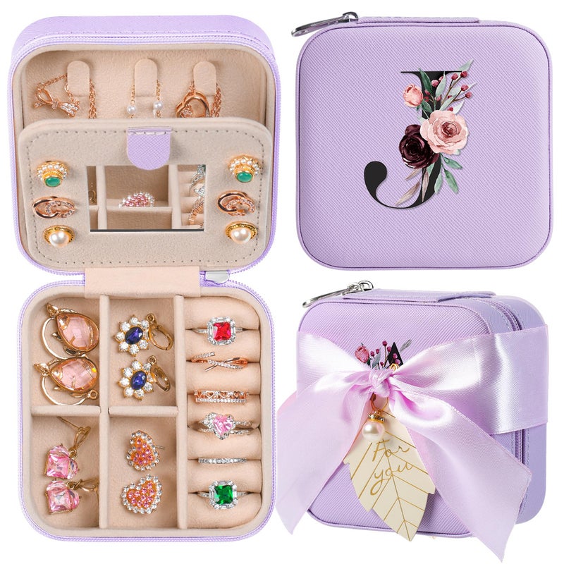 AYGXU Travel Jewelry Case, Travel Jewelry Box, Travel Jewelry Organizer, Travel Gifts for Women Girls, Jewelry Organizer Box, Birthday Gifts for Women, Gifts for Teens Girls - Initial J Purple - Image 1