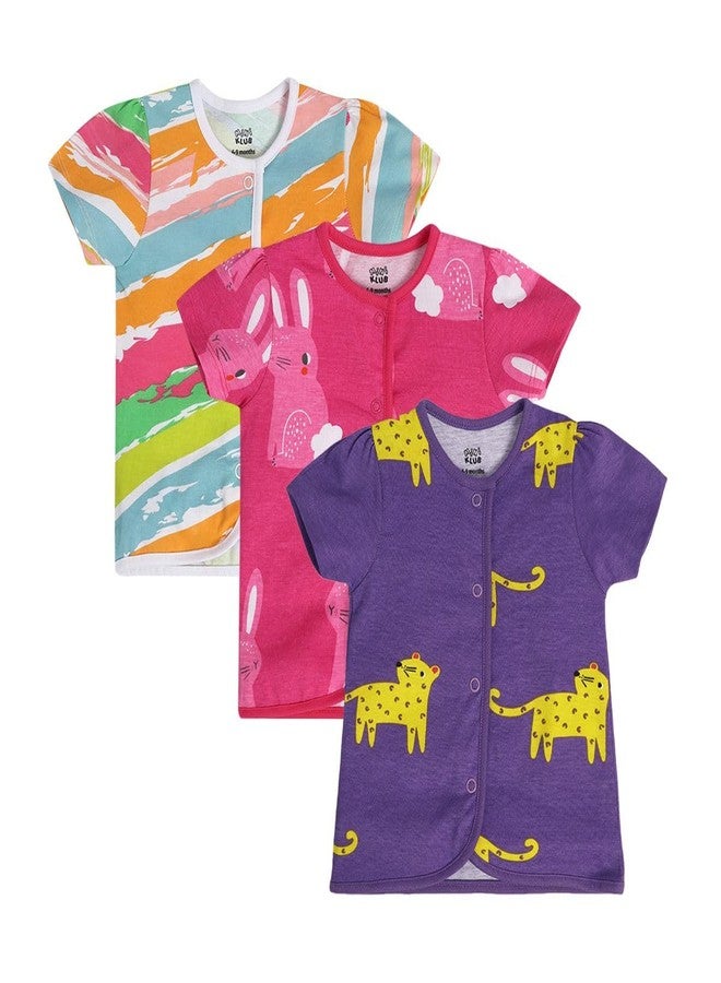 miniklub Cotton Pack of 3 Half Sleeves Striped & Animal Printed Front Open Vests - Pink Violet & White(3-6M) - Image 1
