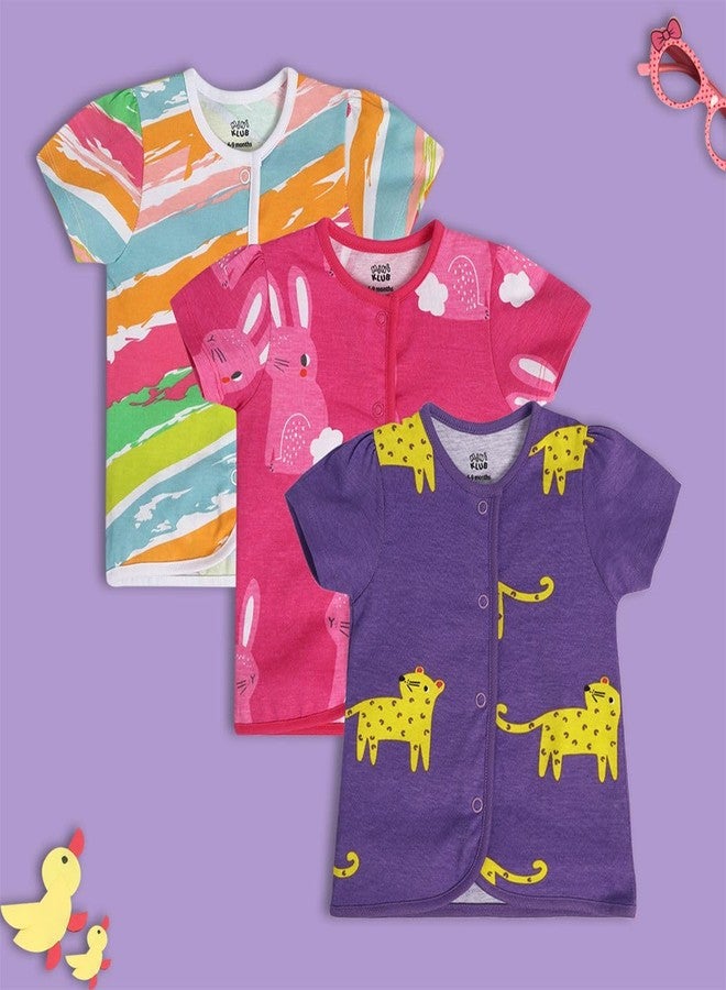 miniklub Cotton Pack of 3 Half Sleeves Striped & Animal Printed Front Open Vests - Pink Violet & White(3-6M) - Image 2
