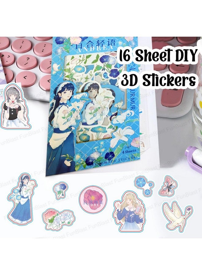 FunBlast Pvc Kawaii Stickers Set 16 Sheet (100+ Pcs) Diy 3D For Girls, Aesthetic Sticker, Journaling, Scrapbooking, Cute (Andera 4X4=16 Sheetsself-Adhesive, Wall, 10 Cm, 19 Cms) - Image 3