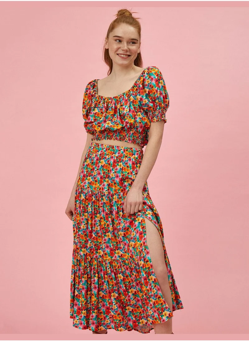 KOTON Floral Blouse Crop Short Sleeve