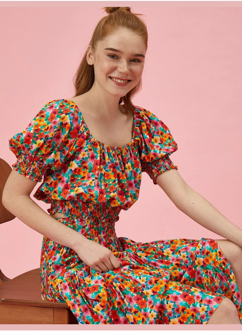 KOTON Floral Blouse Crop Short Sleeve