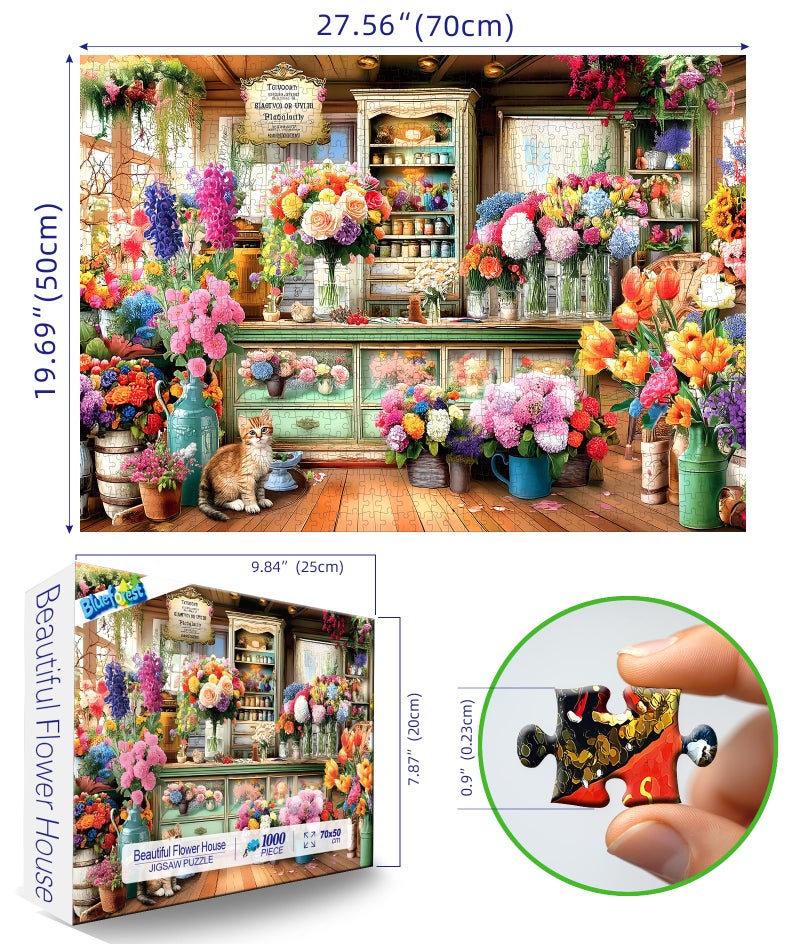 Blueforest 1000 Piece Jigsaw Puzzle for Adults - Colorful Flower Shop Scene with Cat, Premium Quality Cardboard Puzzles for Adults & Family, Challenging Adult Puzzle Games, 27x20 Inches Finished Size - Image 2