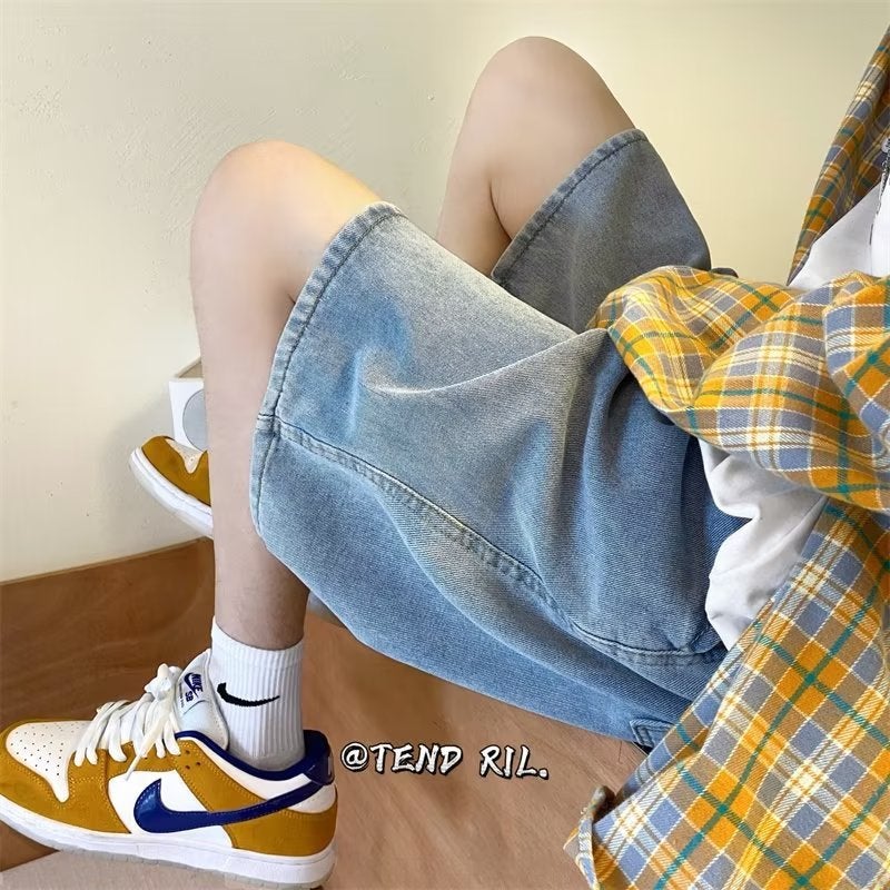 Denim Shorts Men'S Summer American Style Retro Trendy Brand Boys Casual Five-Point Pants All-Match Loose Straight Pants - Image 1