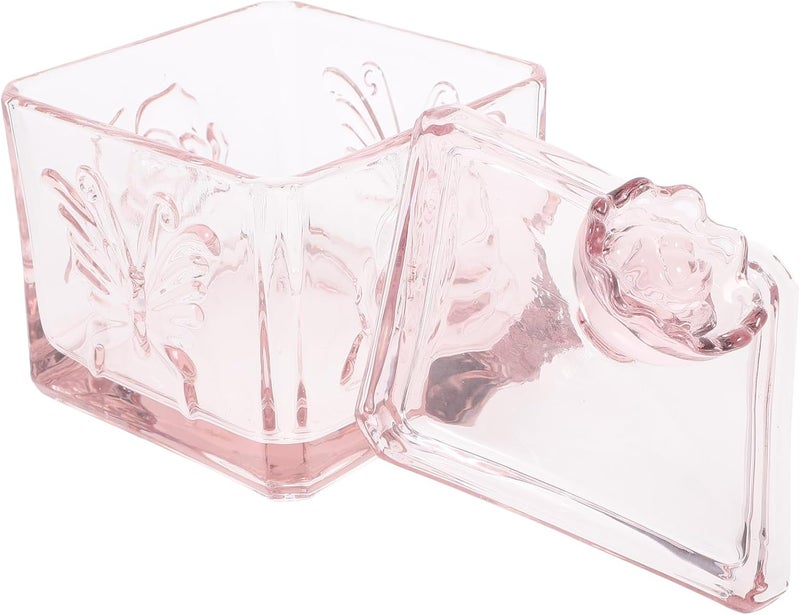 Unomor Embossed Glass Storage Jar with Airtight Lid Square Sealed Tea Canister with Butterfly and Flower Design Pink Glass Food Storage Container for Kitchen Organization - Image 1