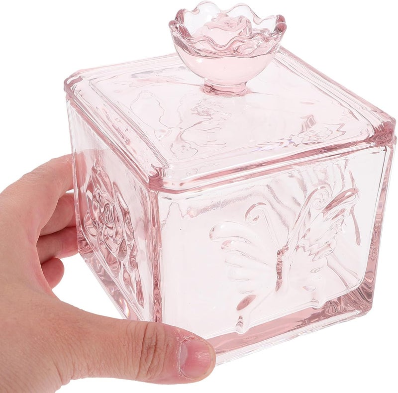 Unomor Embossed Glass Storage Jar with Airtight Lid Square Sealed Tea Canister with Butterfly and Flower Design Pink Glass Food Storage Container for Kitchen Organization - Image 4