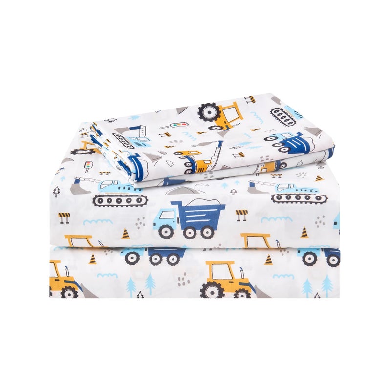 Lasoftan Kids Sheet Set - Twin Size 3 Pcs, Boys Twin Sheet Set with Blue Excavator Car Pattern, Breathable & Silky Soft Microfiber Fitted Sheet - Image 1
