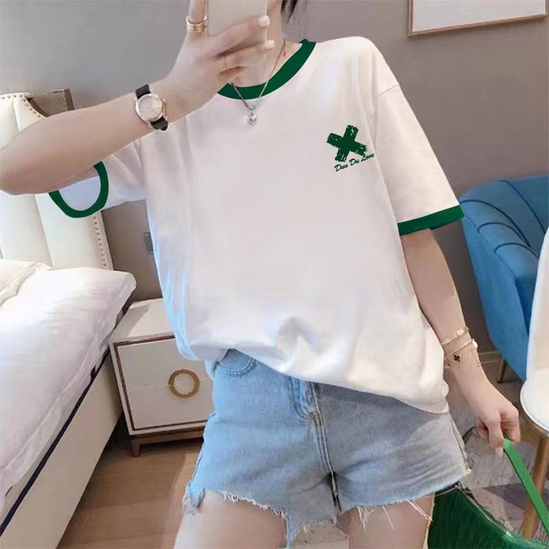 Chic Colorblock Cotton Tee Slim Crop Top Women P31-splash ink x-green collar