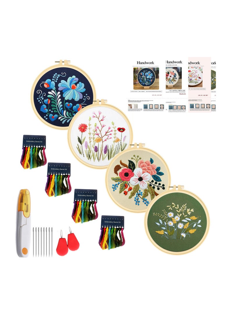 NIBEMINENT 4pcs Embroidery Kit With Floral Pattern And Instructions Hoops Floss Threads Needles Cross Stitch Kits Embroidery Starter Kit Hand Embroidery Kit For Beginners 