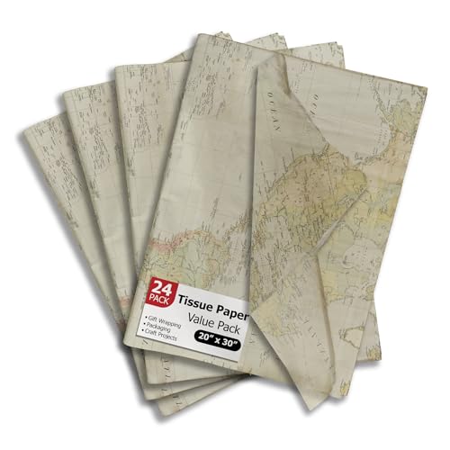 Pro Supply Global Map Printed Tissue Paper for Gift Bags or Boxes and Wrapping - Traveling Bulk Decorative Art Tissue Paper for Packaging and Gifting | 24 Sheets 20" x 30" - Image 1