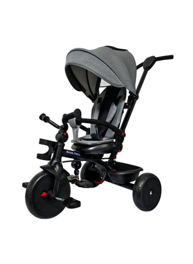 دراجة ثلاثية العجلات LB 577HC من Lovely Baby للأطفال مزودة بمقبض دفع، ومظلة، وقاعدة أمان، وحامل زجاجات، ومسند للقدمين، وعجلات EVA، وسلة خلفية - هيكل فولاذي مناسب للأعمار من 1 إلى 3 سنوات - لون رمادي - Image 1