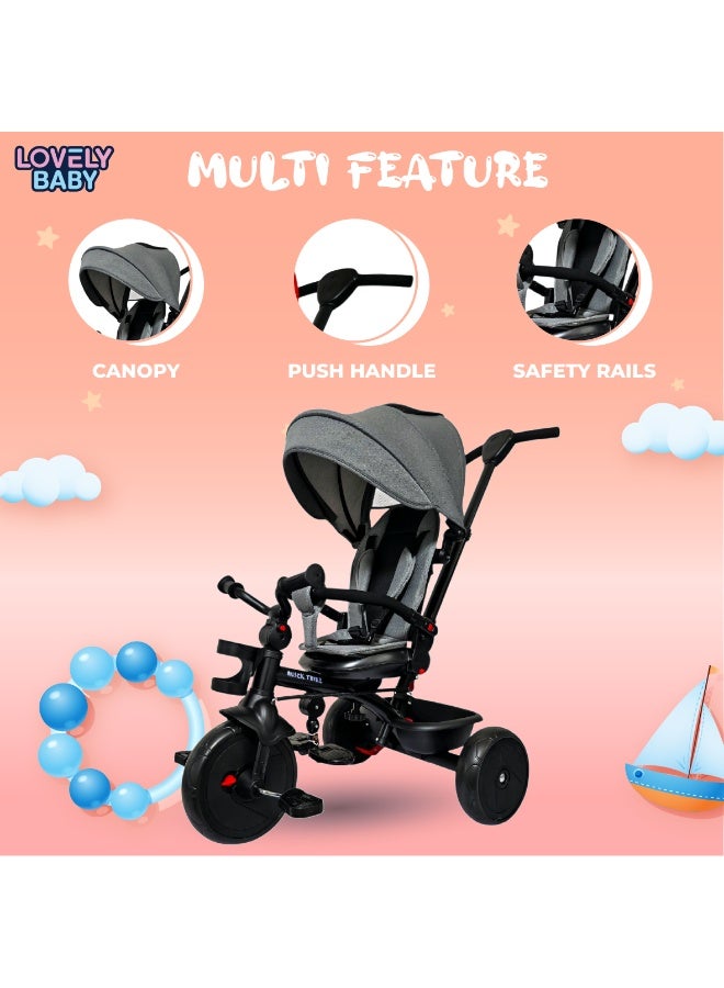 دراجة ثلاثية العجلات LB 577HC من Lovely Baby للأطفال مزودة بمقبض دفع، ومظلة، وقاعدة أمان، وحامل زجاجات، ومسند للقدمين، وعجلات EVA، وسلة خلفية - هيكل فولاذي مناسب للأعمار من 1 إلى 3 سنوات - لون رمادي - Image 3