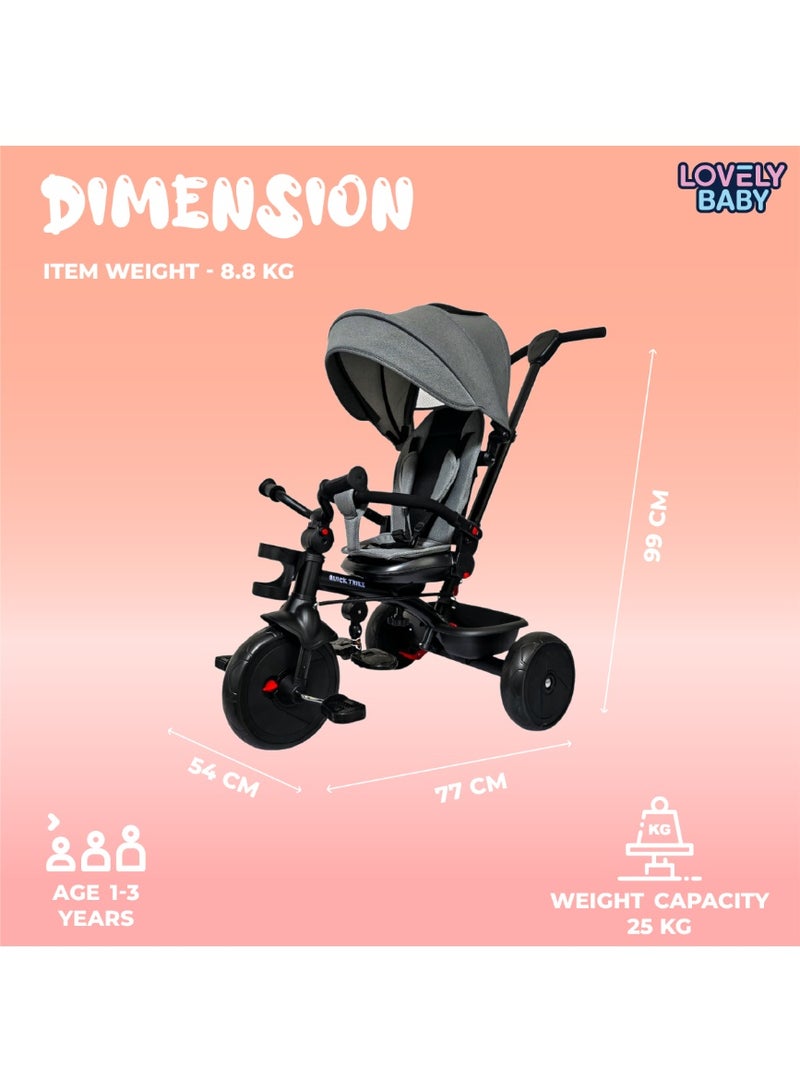 دراجة ثلاثية العجلات LB 577HC من Lovely Baby للأطفال مزودة بمقبض دفع، ومظلة، وقاعدة أمان، وحامل زجاجات، ومسند للقدمين، وعجلات EVA، وسلة خلفية - هيكل فولاذي مناسب للأعمار من 1 إلى 3 سنوات - لون رمادي - Image 5
