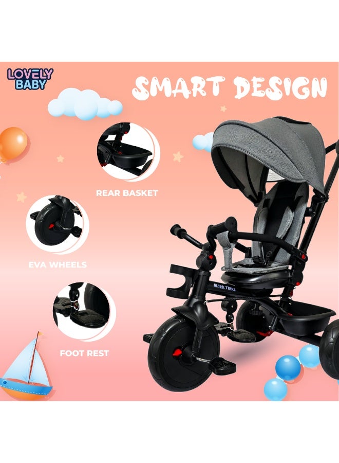 دراجة ثلاثية العجلات LB 577HC من Lovely Baby للأطفال مزودة بمقبض دفع، ومظلة، وقاعدة أمان، وحامل زجاجات، ومسند للقدمين، وعجلات EVA، وسلة خلفية - هيكل فولاذي مناسب للأعمار من 1 إلى 3 سنوات - لون رمادي - Image 2