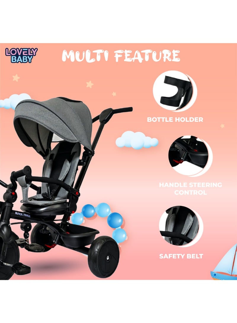 دراجة ثلاثية العجلات LB 577HC من Lovely Baby للأطفال مزودة بمقبض دفع، ومظلة، وقاعدة أمان، وحامل زجاجات، ومسند للقدمين، وعجلات EVA، وسلة خلفية - هيكل فولاذي مناسب للأعمار من 1 إلى 3 سنوات - لون رمادي - Image 4