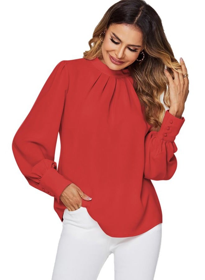 LYANER Women's Mock Neck Pleated Solid Long Sleeve Blouse Office Shirt Top, Red, M - Image 3
