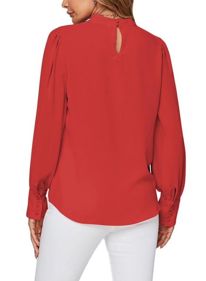 LYANER Women's Mock Neck Pleated Solid Long Sleeve Blouse Office Shirt Top, Red, M - Image 2
