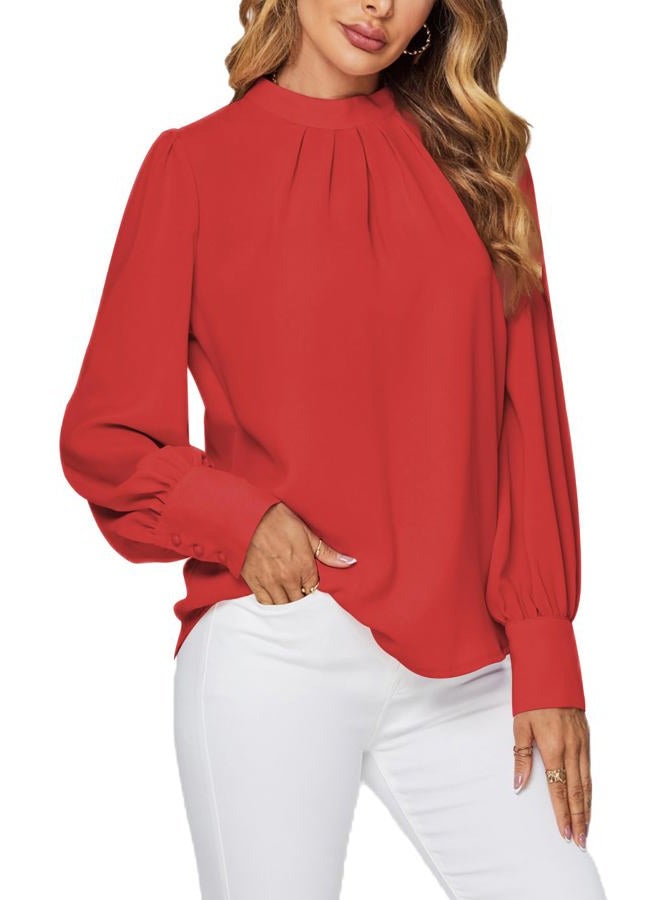 LYANER Women's Mock Neck Pleated Solid Long Sleeve Blouse Office Shirt Top, Red, M - Image 4